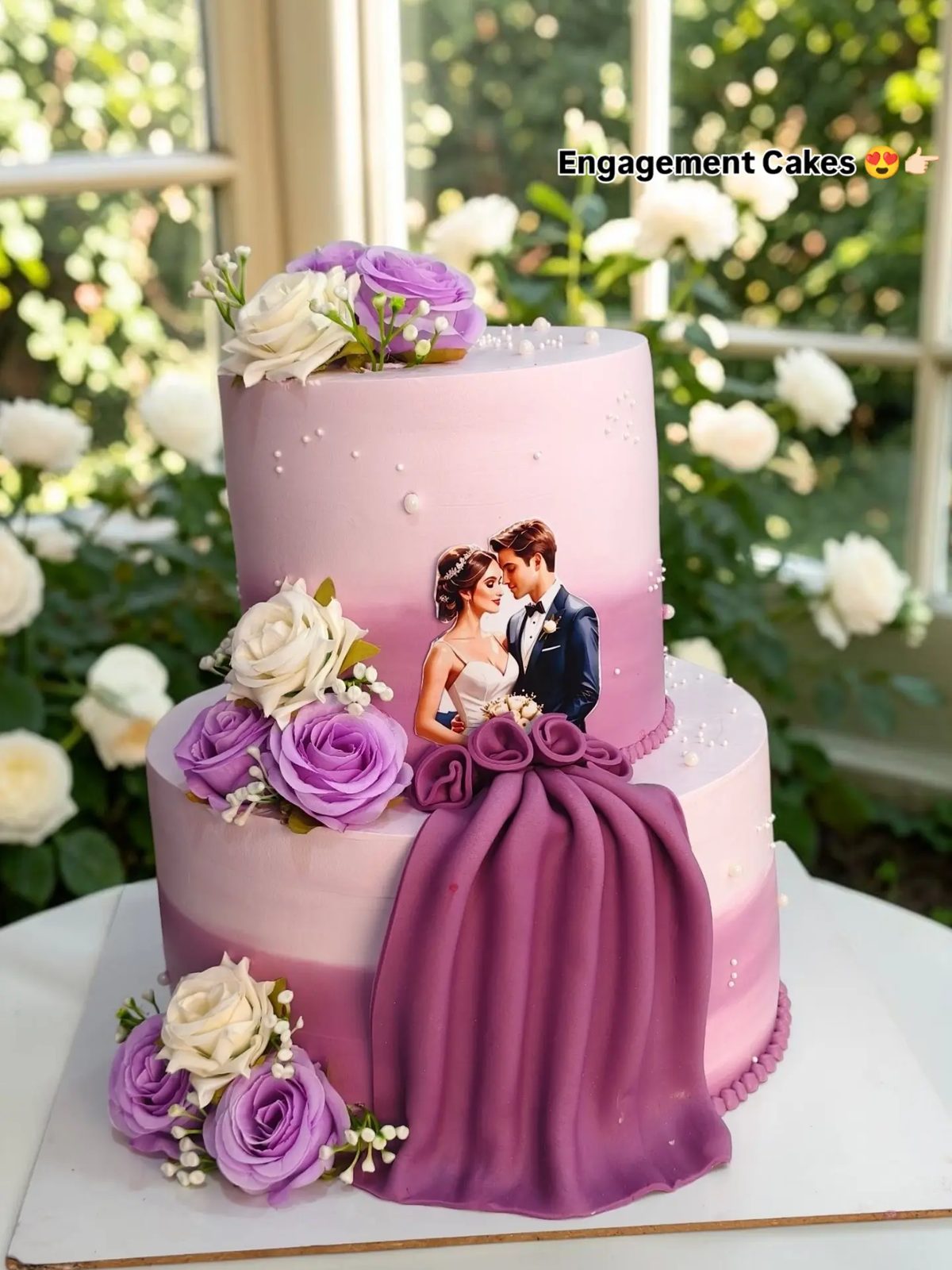 Two-tier pink engagement cake with roses
